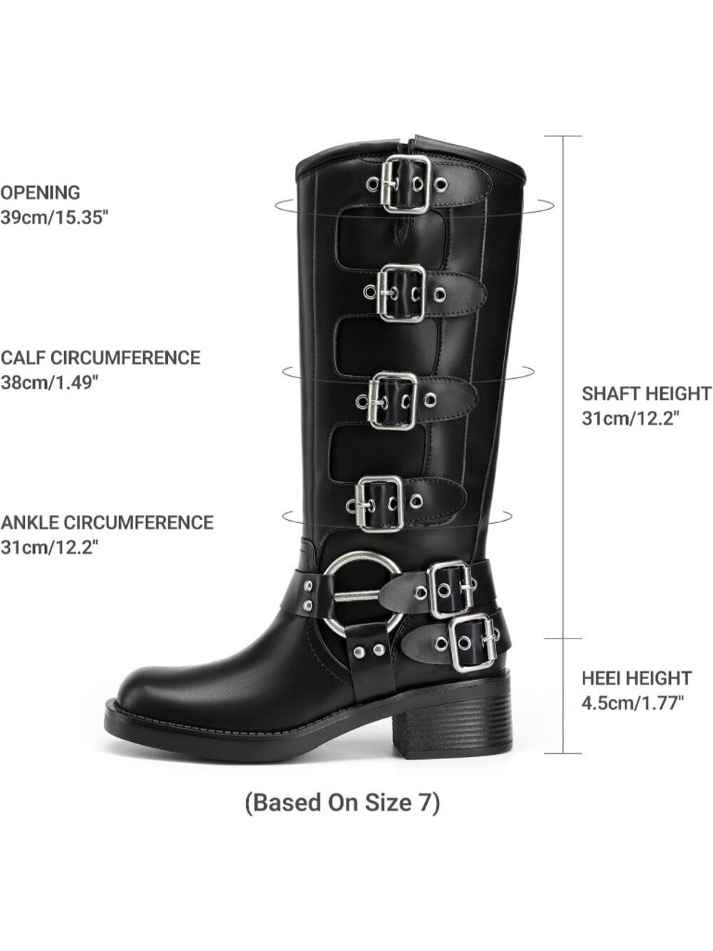 Women's Black Faux Leather Adjustable Buckles Low Chunky Heel Knee High Boots - Picture 5 of 6